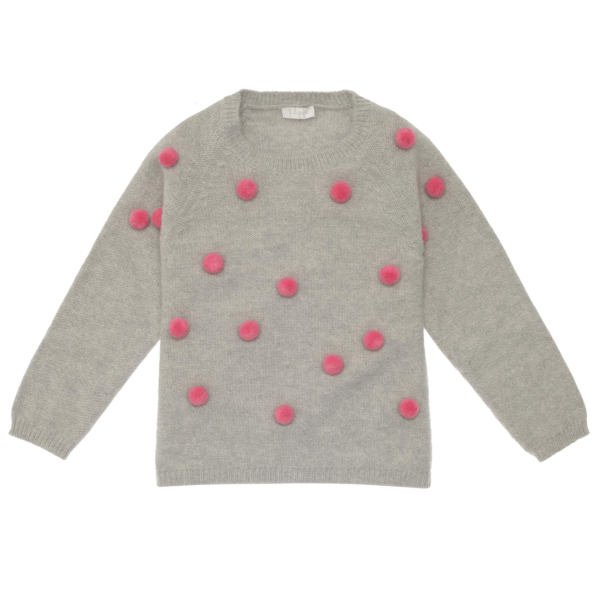 Girls Cloud Grey Wool Sweater With Cyclamen Pom-pom Trims - CÉMAROSE | Children's Fashion Store - 1