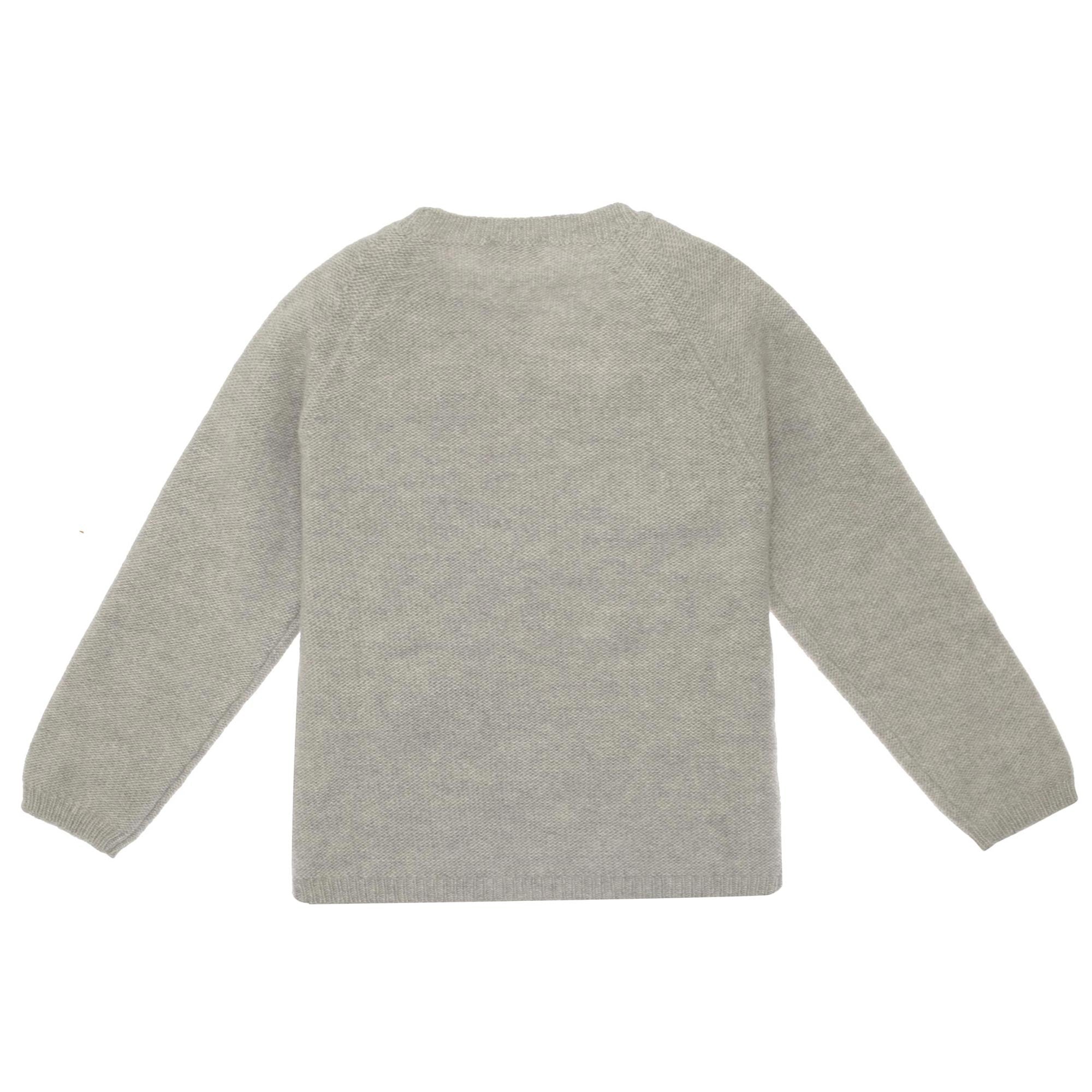 Girls Cloud Grey Wool Sweater With Cyclamen Pom-pom Trims - CÉMAROSE | Children's Fashion Store - 2