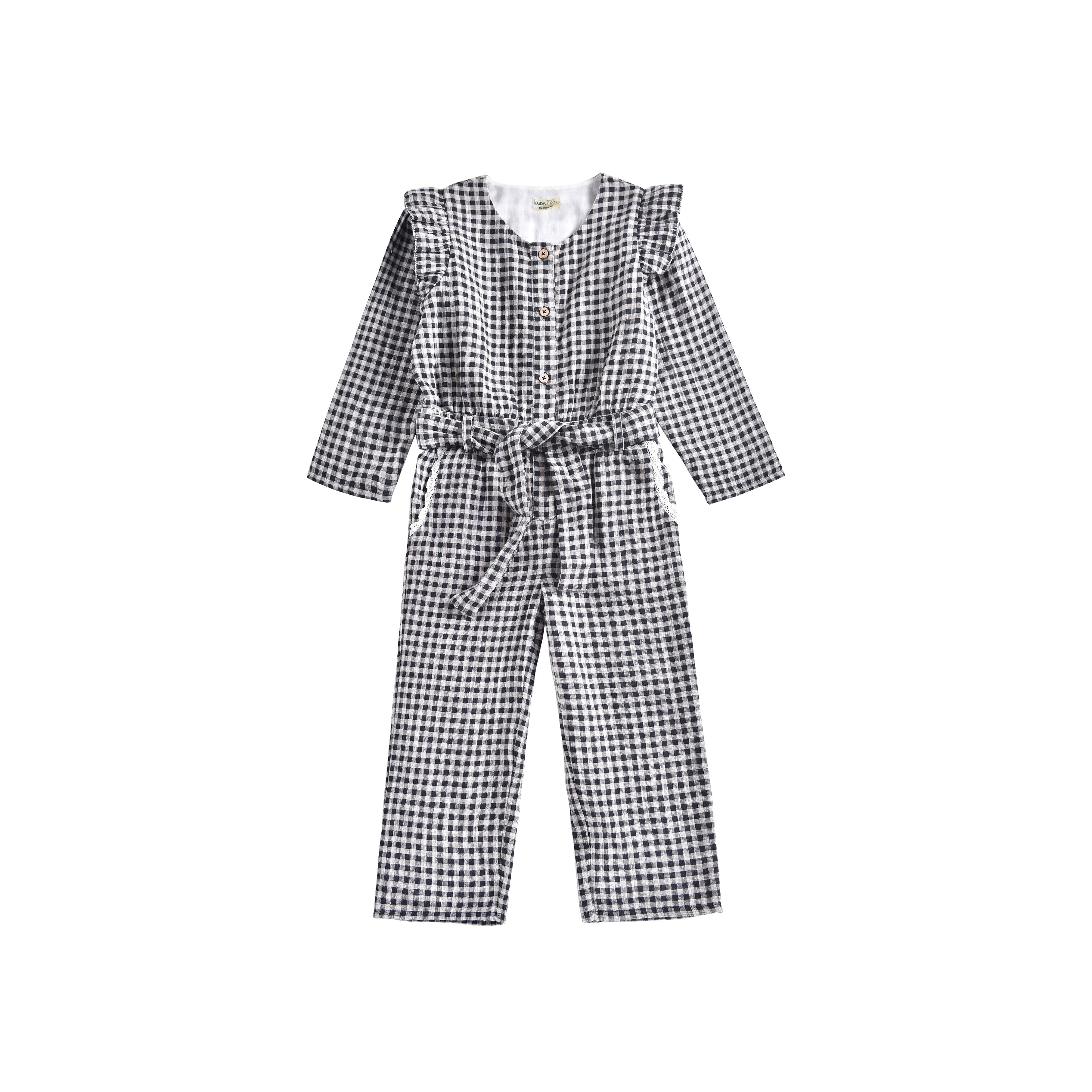 Girls Black Vichy Organic Cotton Jumpsuit