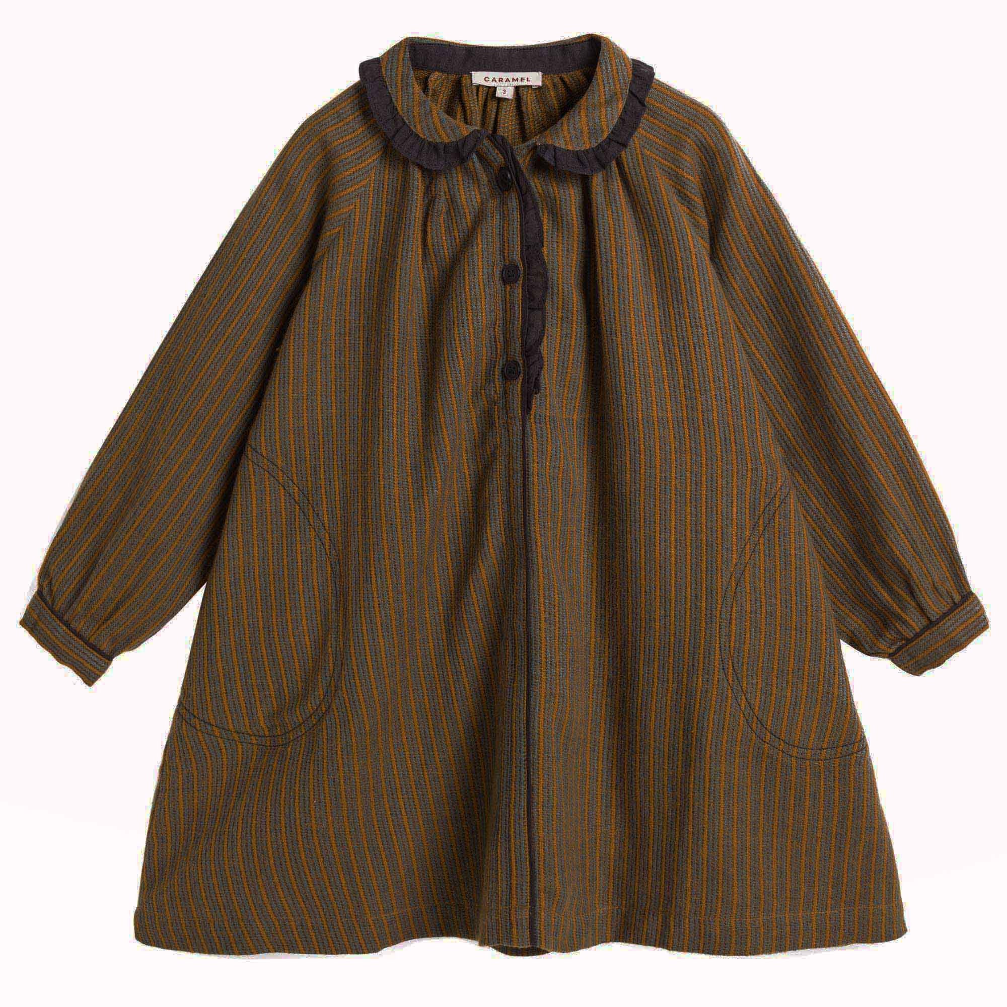 Girls Beige Mustard Striped Cotton Woven Dress - CÉMAROSE | Children's Fashion Store - 1
