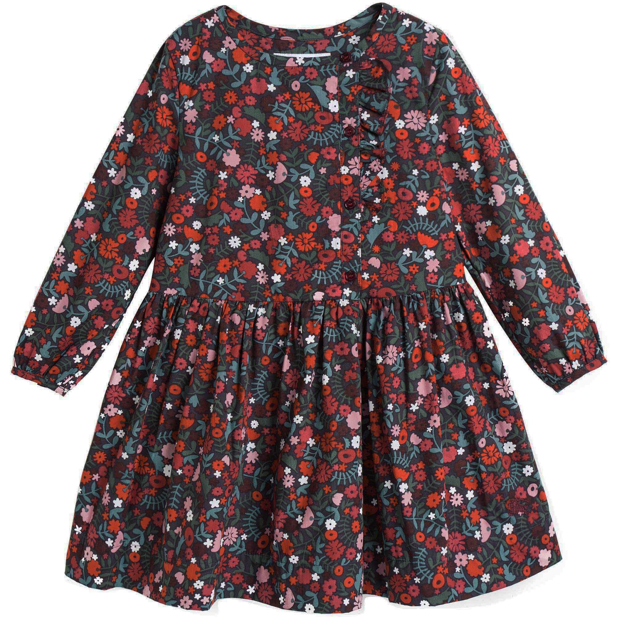 Girls Antique Red Floral Printed Trims Dress - CÉMAROSE | Children's Fashion Store - 1