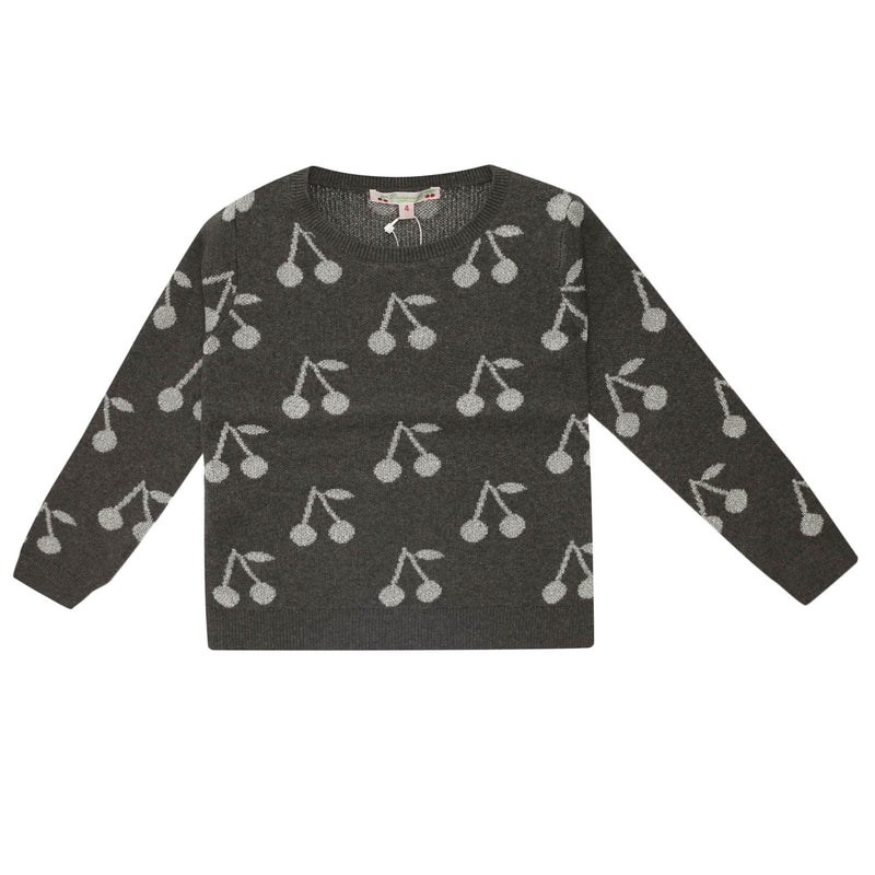 Girls Dark Grey Knitted Cotton Sweater With Silver Cherry Trims - CÉMAROSE | Children's Fashion Store - 1