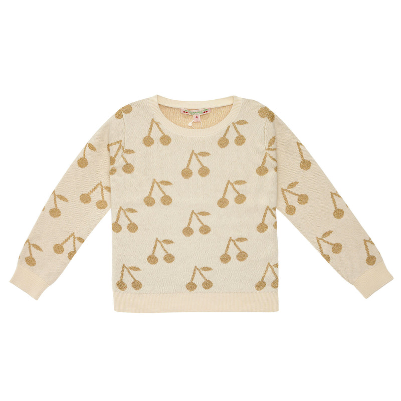 Girls White Knitted Cotton Sweater With Gold Cherry Trims - CÉMAROSE | Children's Fashion Store - 1