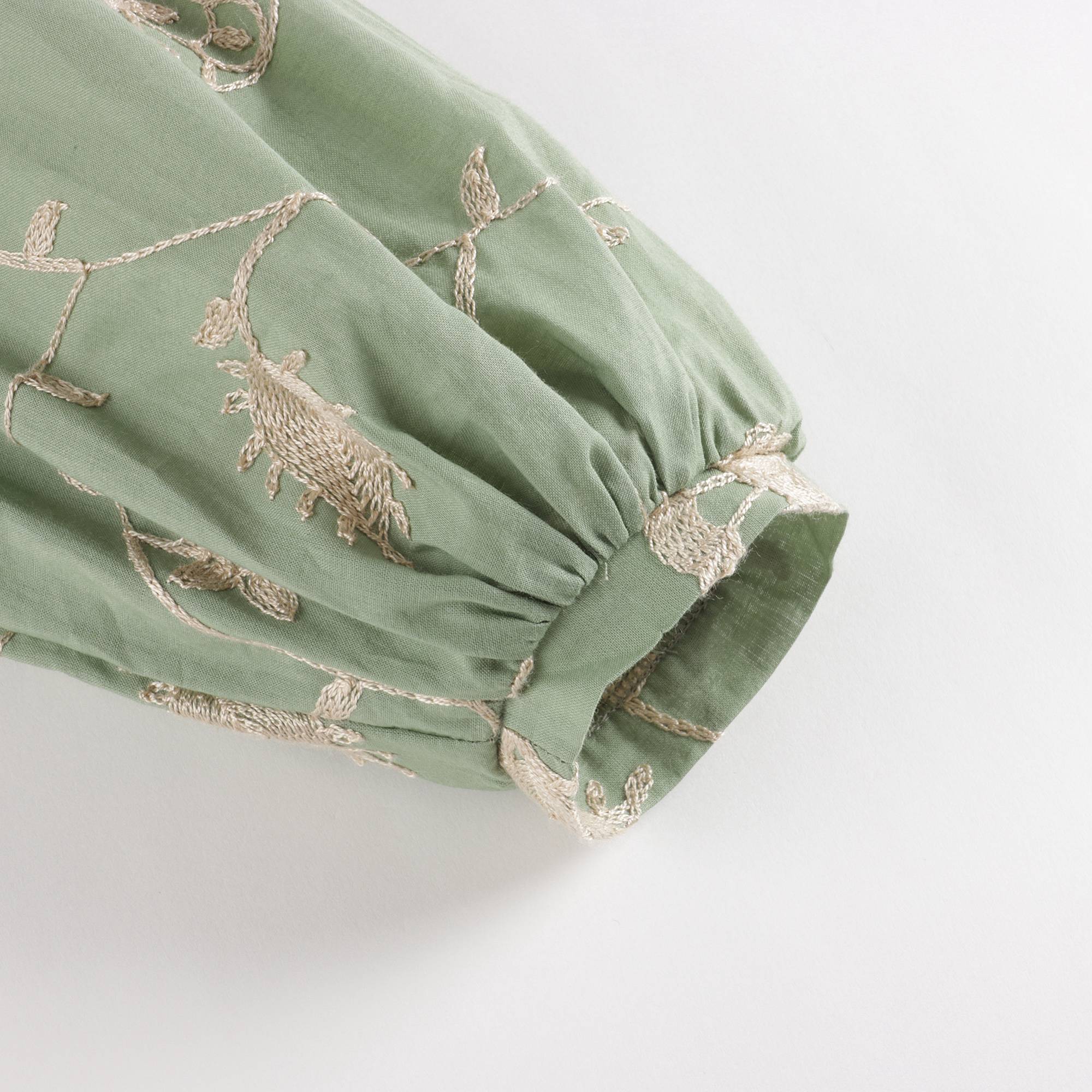 Girls Green Embroidered Cotton Dress