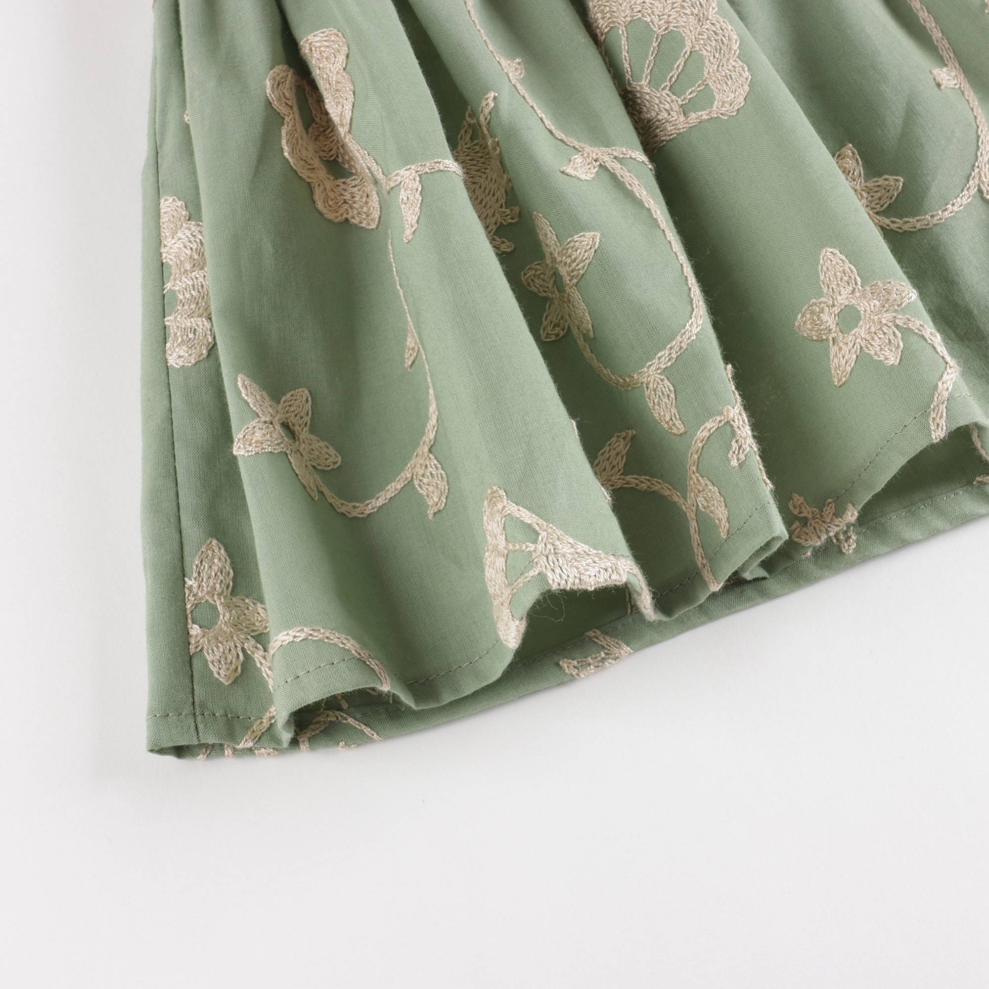 Girls Green Embroidered Cotton Dress