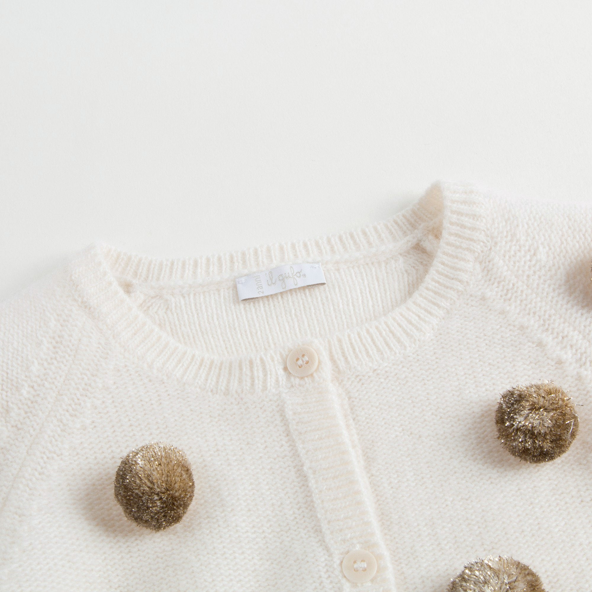 Girls Milk With Gold Pom-Pom Wool  Cardigan