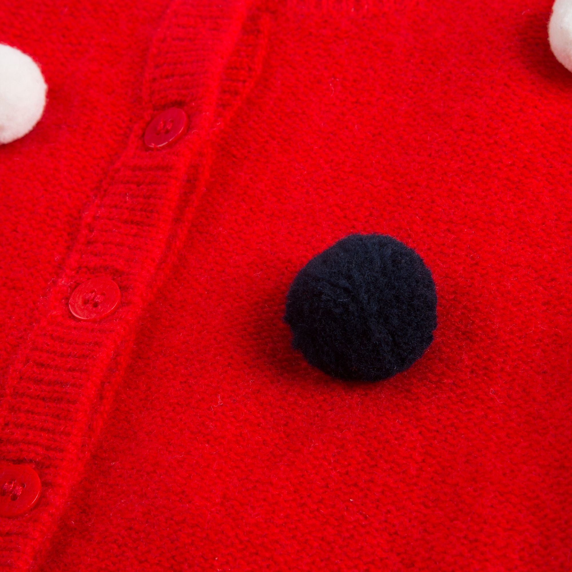 Girls Red Wool Cardigan With Pom-Pom Trims