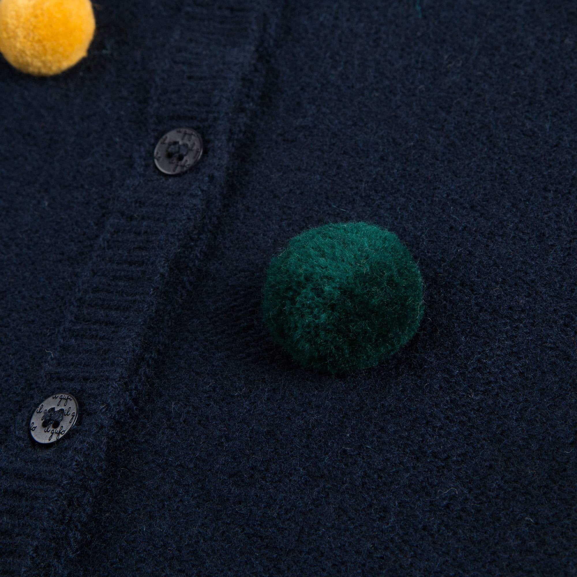 Girls Navy Blue Wool Cardigan With Pom-Pom Trims