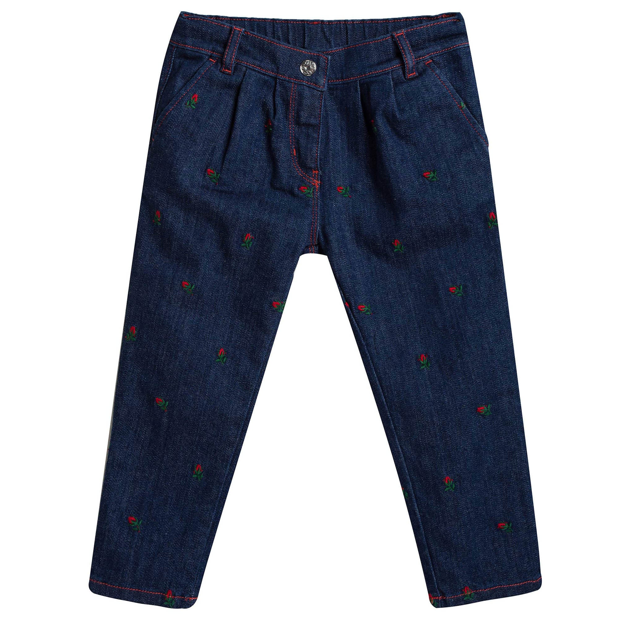 Baby Girls Blue Denim Jeans With Red Embroidered Flower Trims - CÉMAROSE | Children's Fashion Store - 1