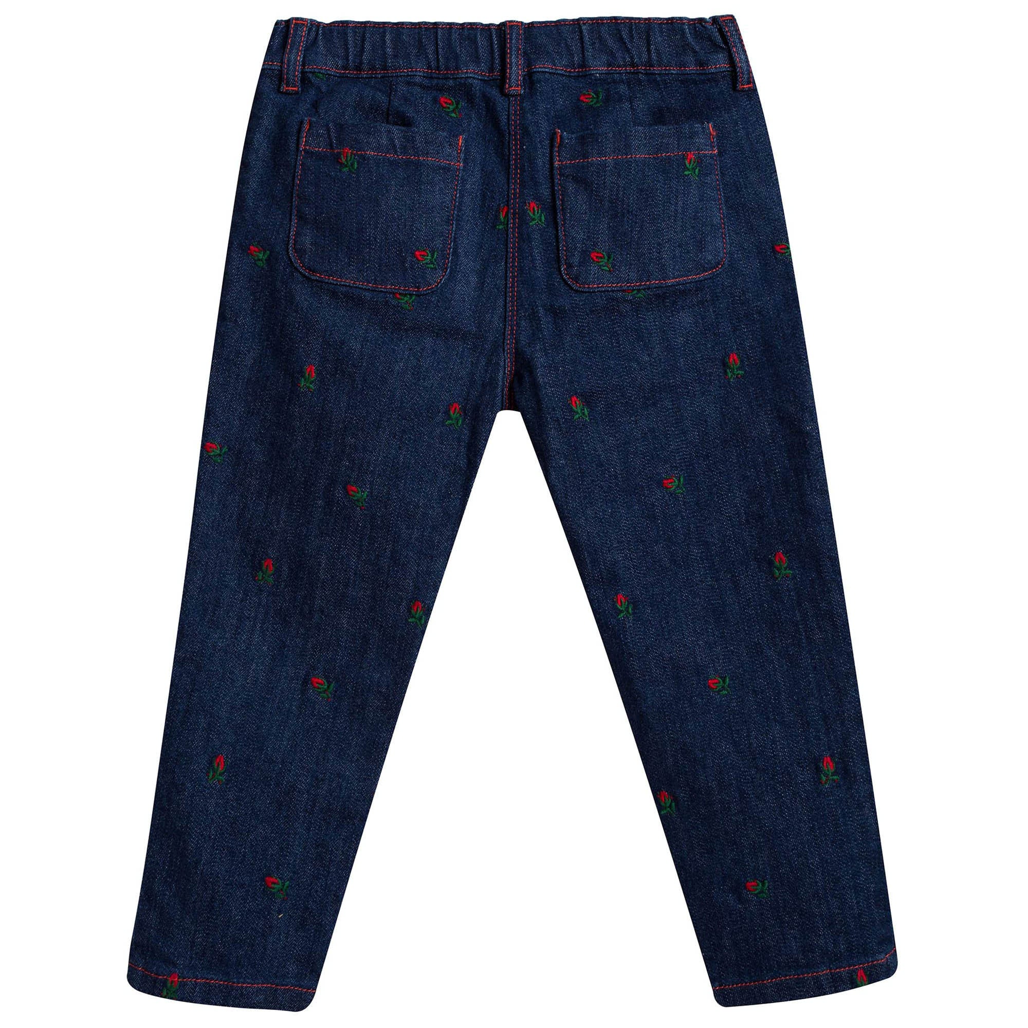 Baby Girls Blue Denim Jeans With Red Embroidered Flower Trims - CÉMAROSE | Children's Fashion Store - 2