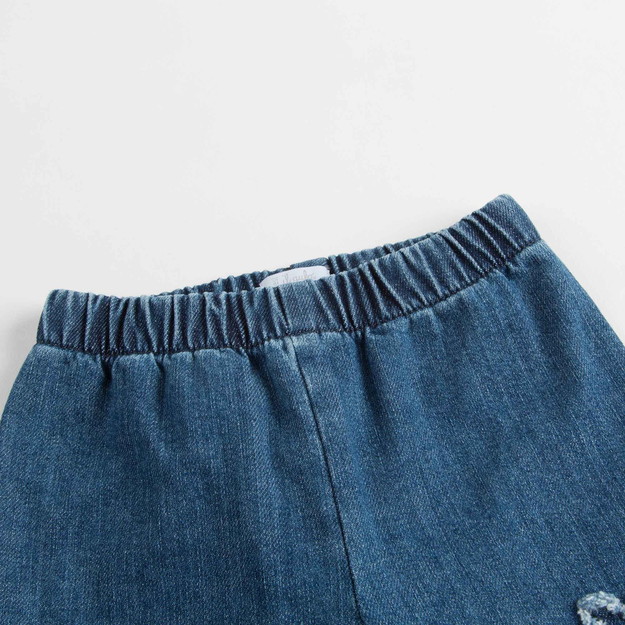 Baby Girls Denim Blue Cotton Jeans With Flowers Trims