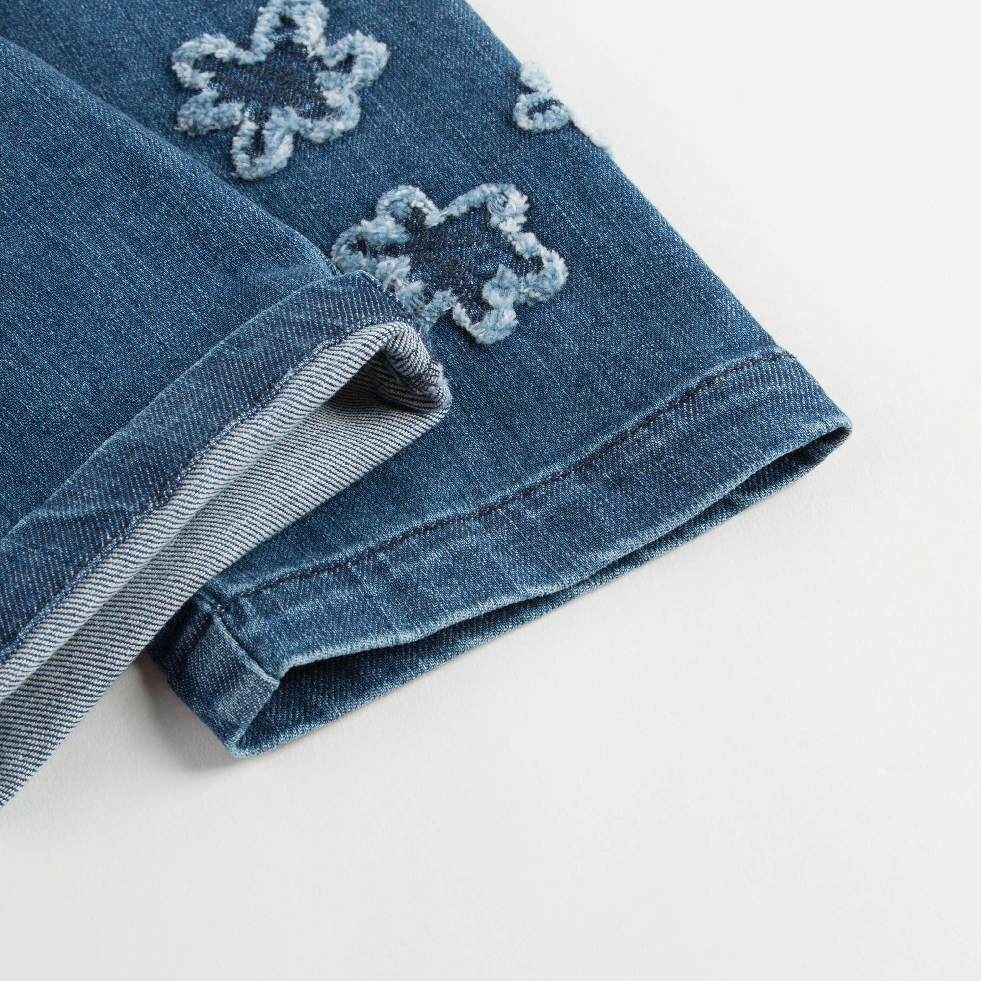 Baby Girls Denim Blue Cotton Jeans With Flowers Trims