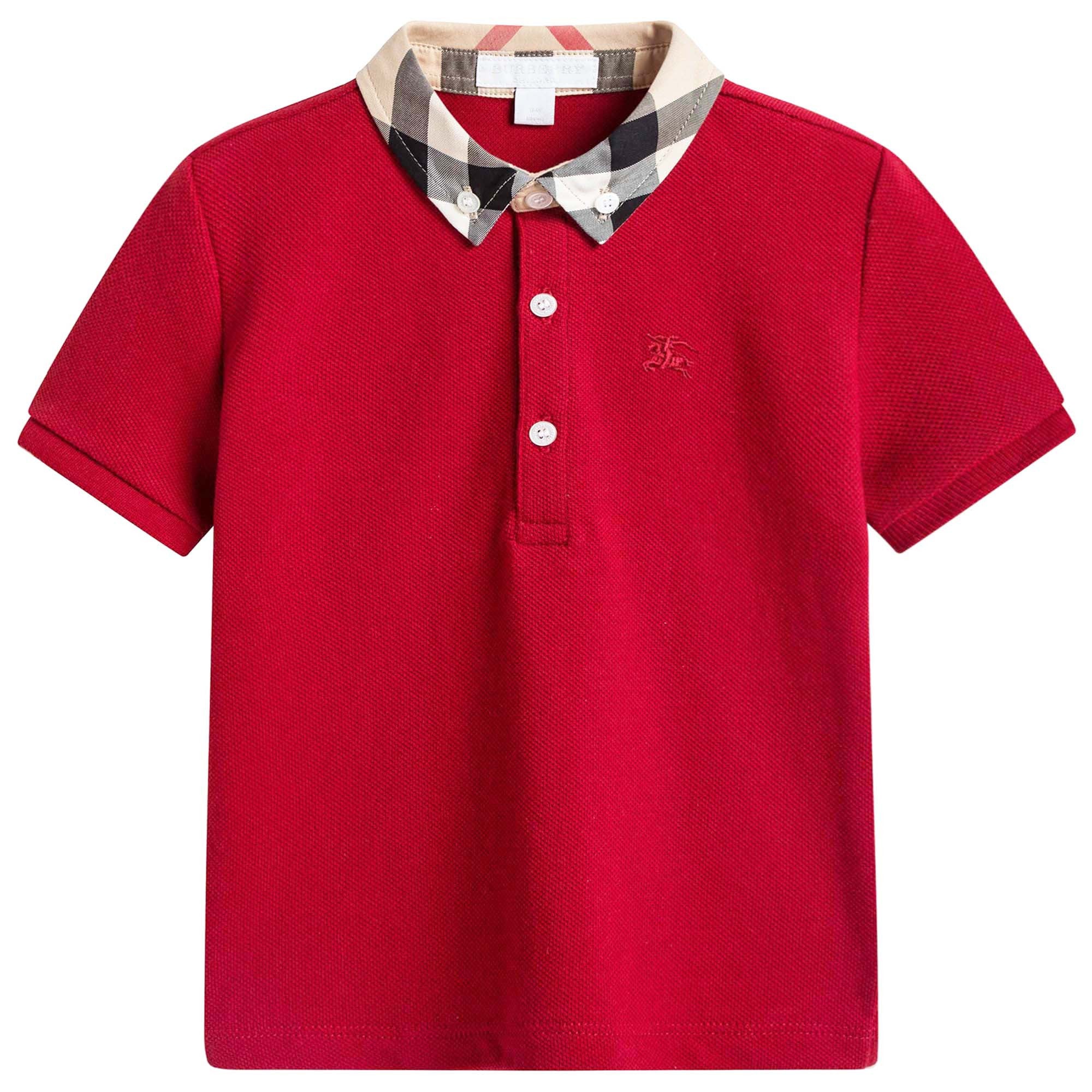 Baby Boys Red Cotton Polo Shirt With Check Collar