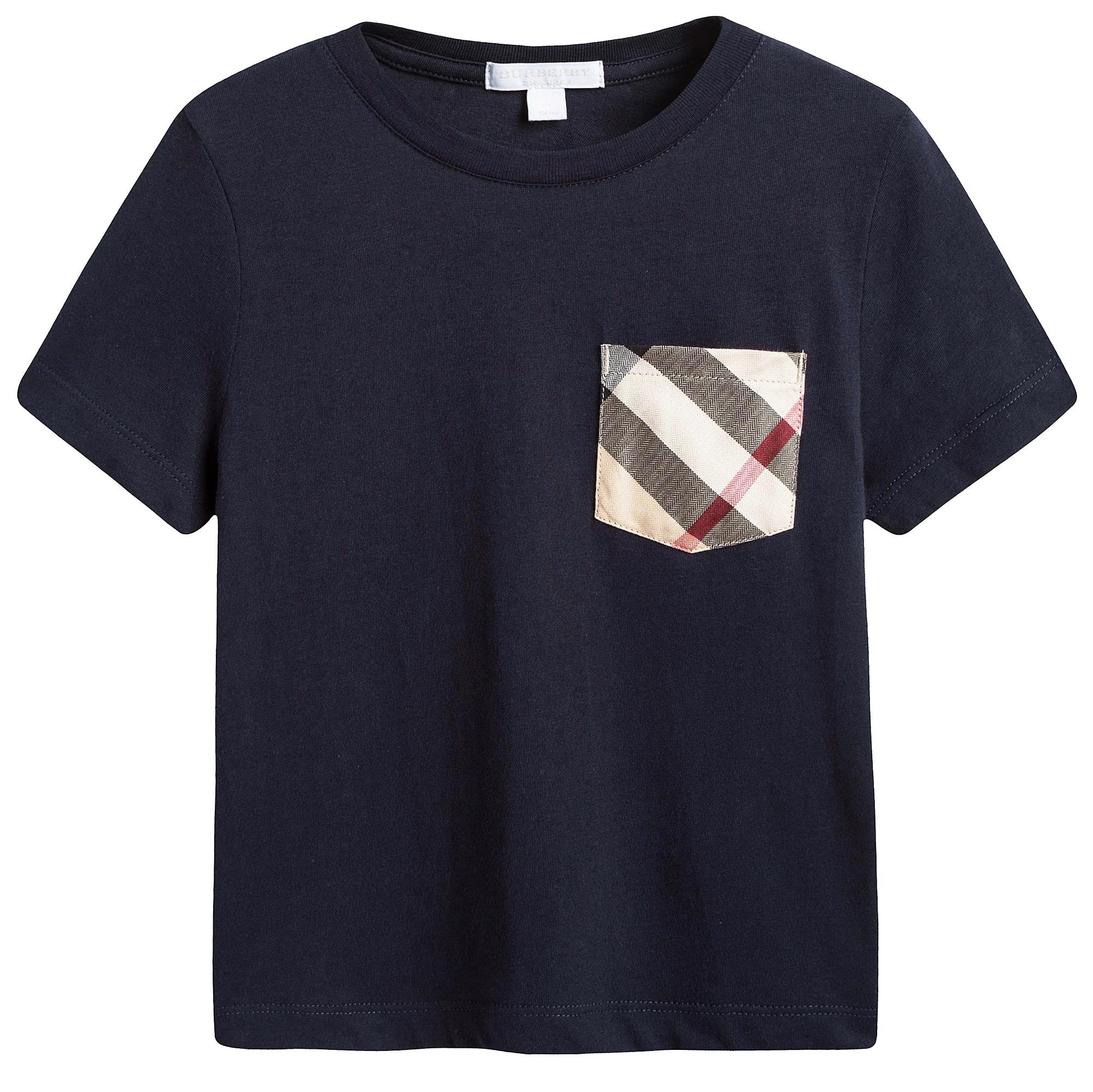 Boys Navy Blue Cotton T-shirt With Check Trim