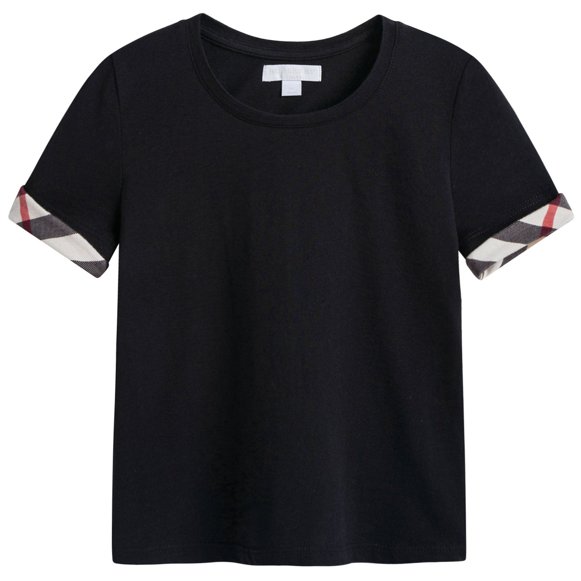 Girls Black Cotton T-shirt With  Check Trim