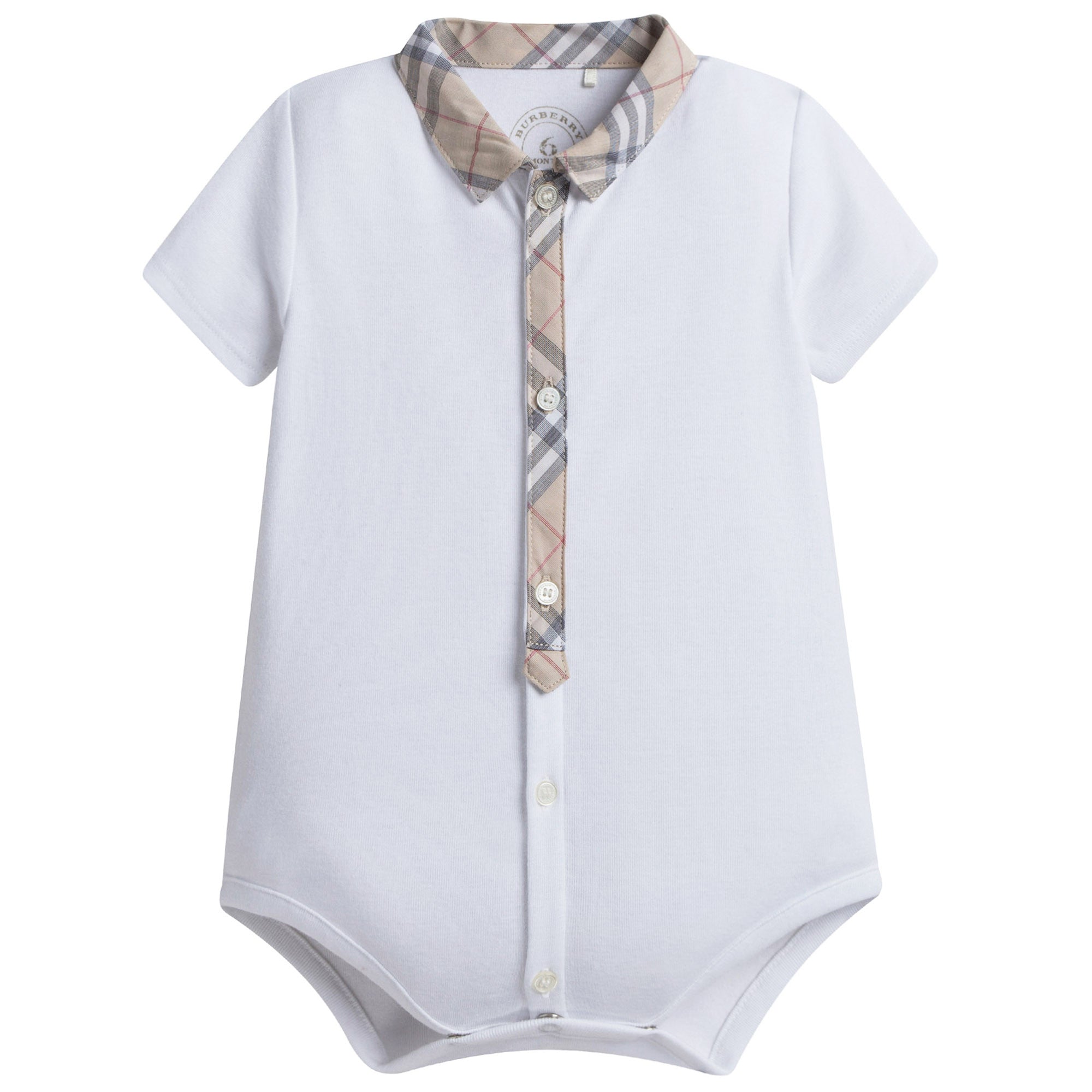 Baby Boys White Cotton Babysuit With Check Collar