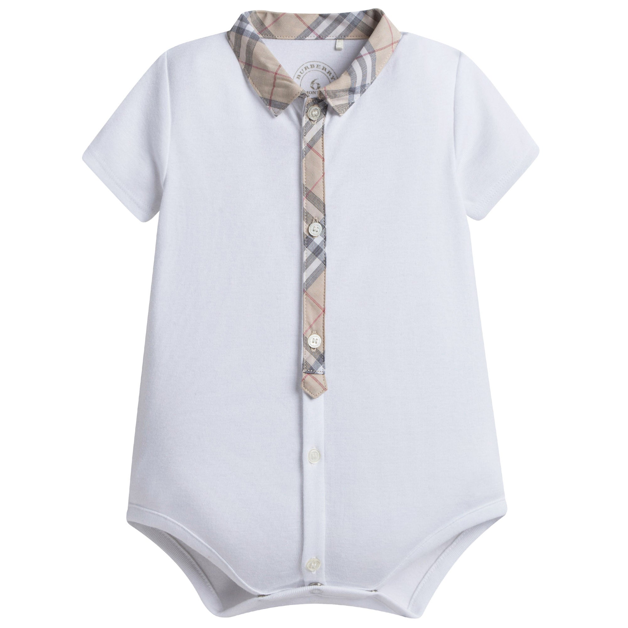 Baby White Cotton Babysuit With Check Collar
