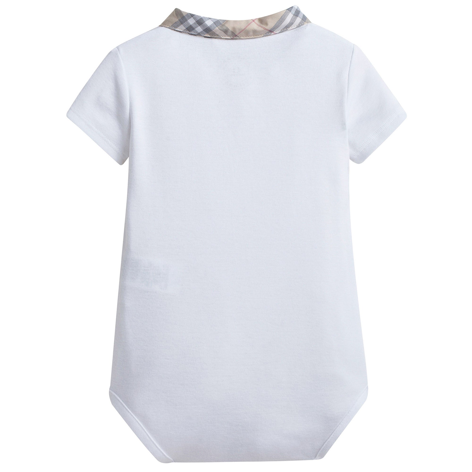 Baby Boys White Cotton Babysuit With Check Collar