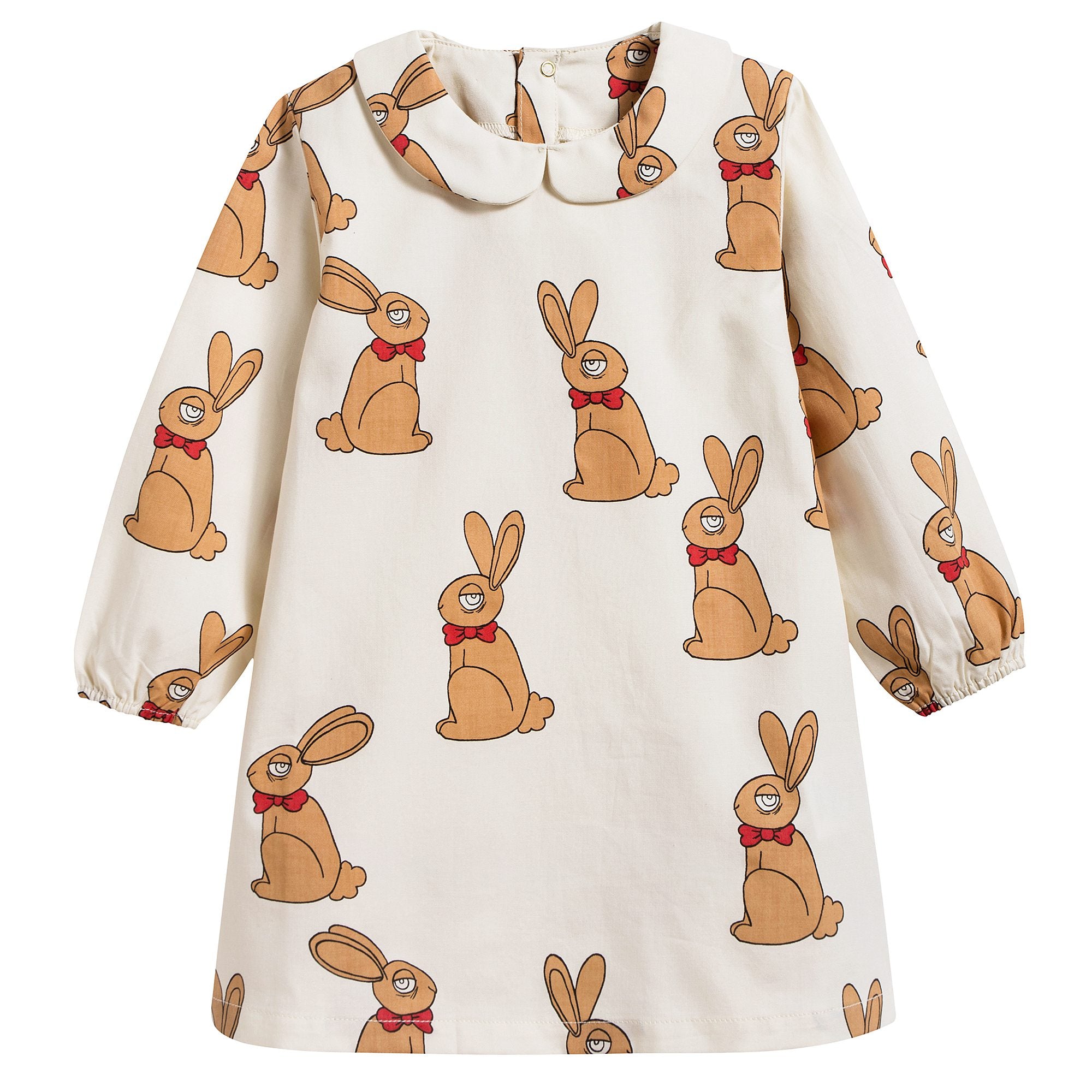 Girls Beige Rabbit Woven Cotton Dress