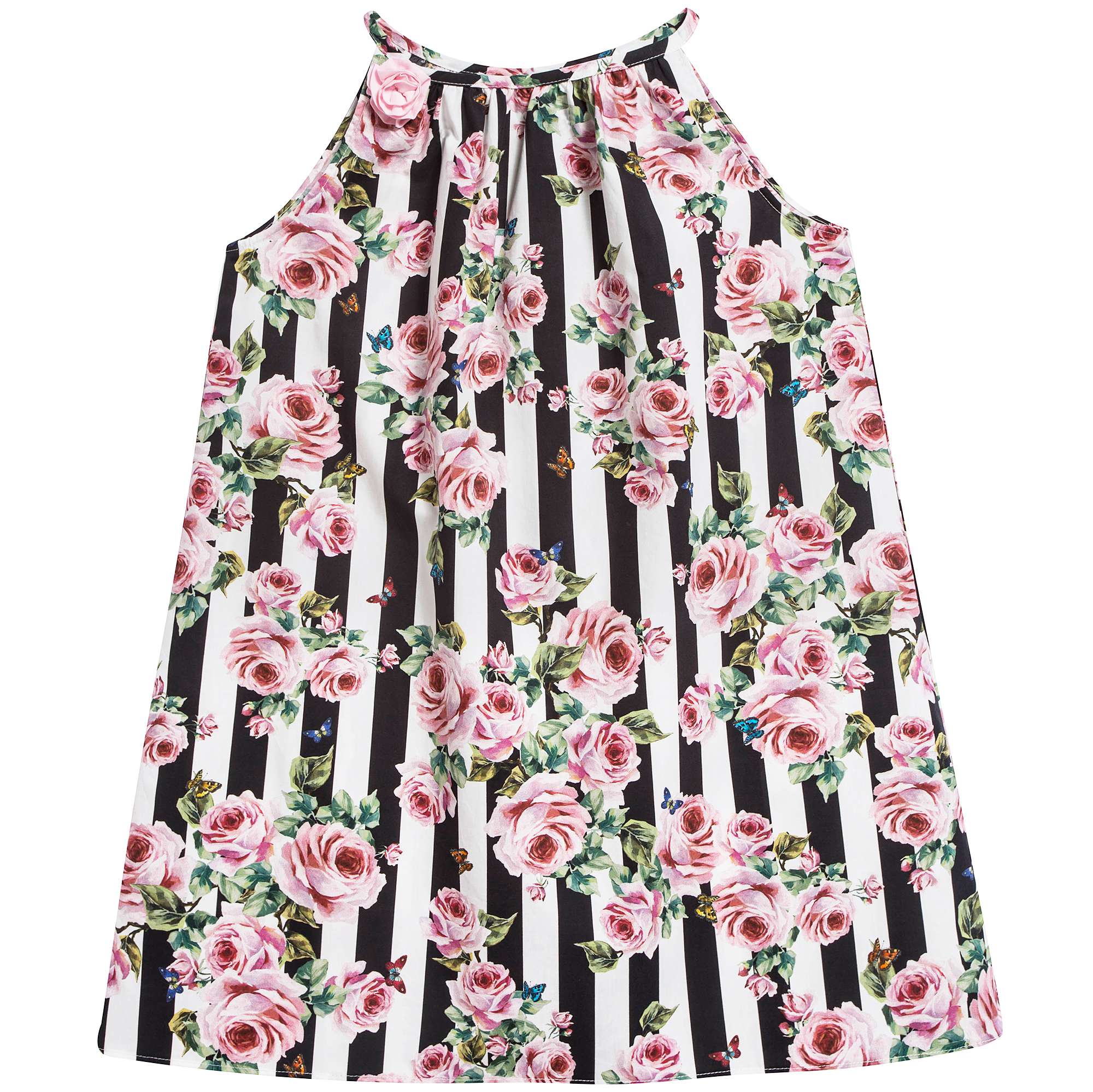 Girls  Pink  &   Black  Striped   Rose  Cotton  Dress