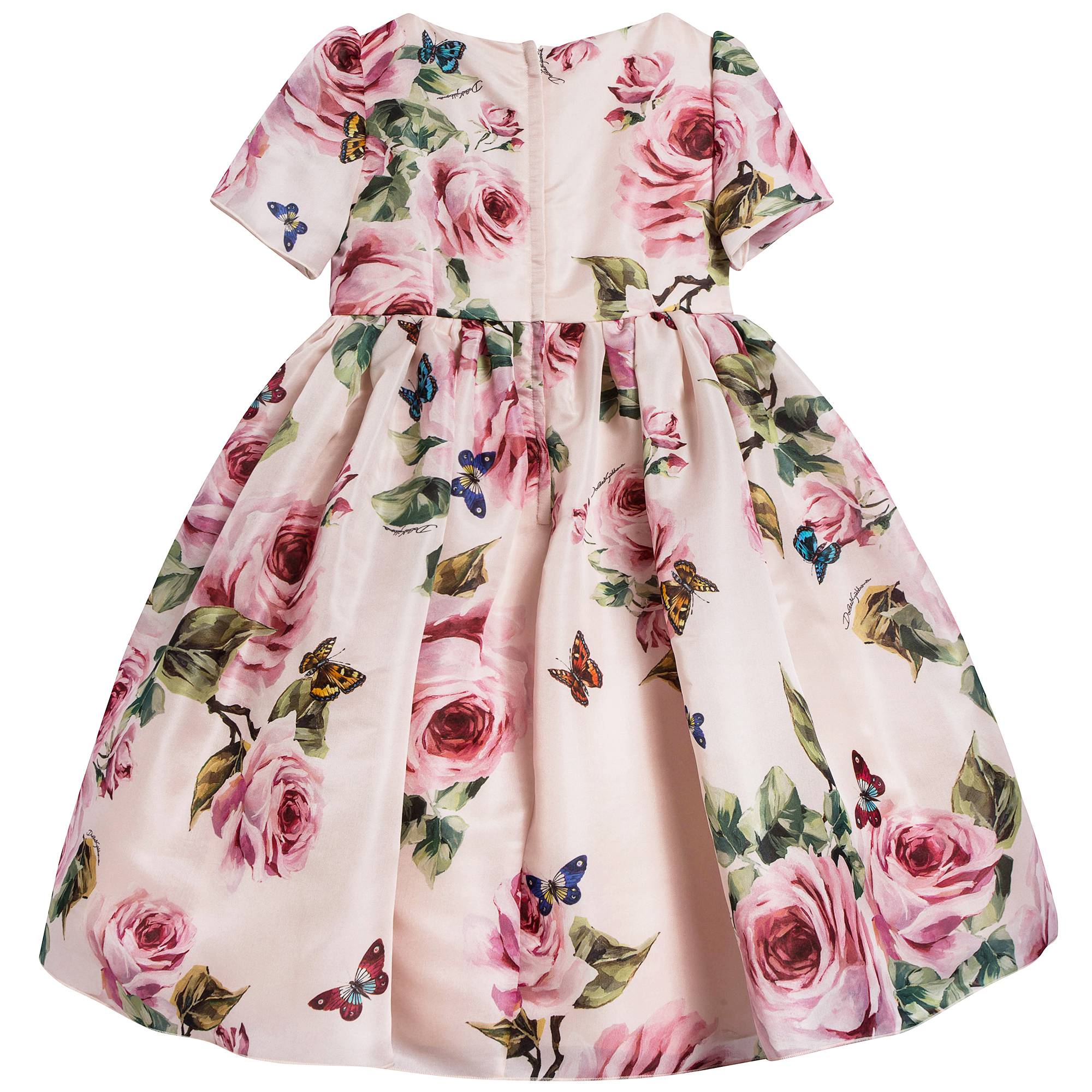 Girls Beige Rose & Farfalle Silk Dress