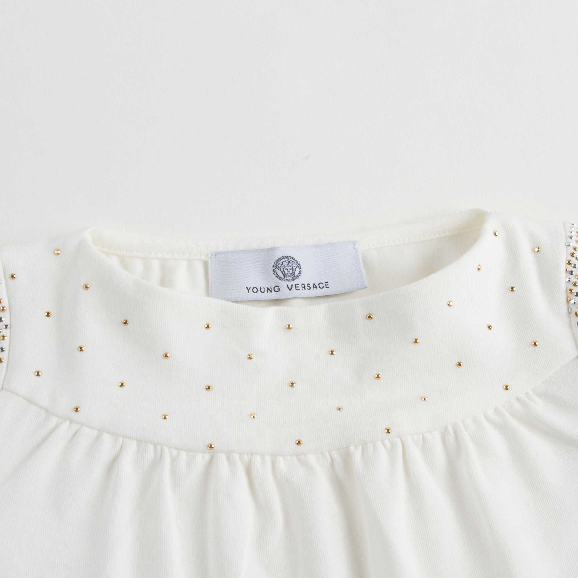 Baby Girls White Cotton Blouse With Gold Rhinestone Trims