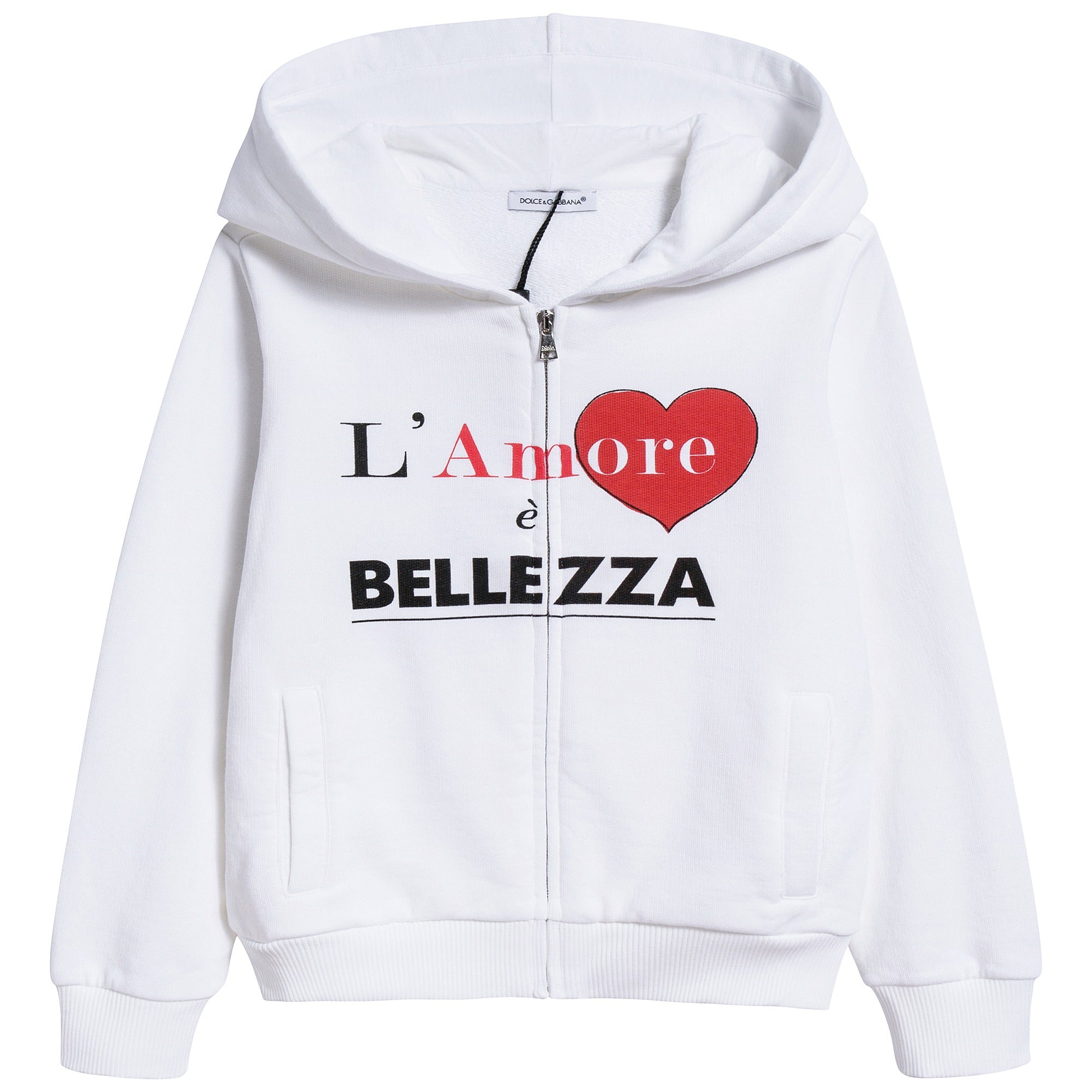 Girls White Love Cotton Zip-up Top