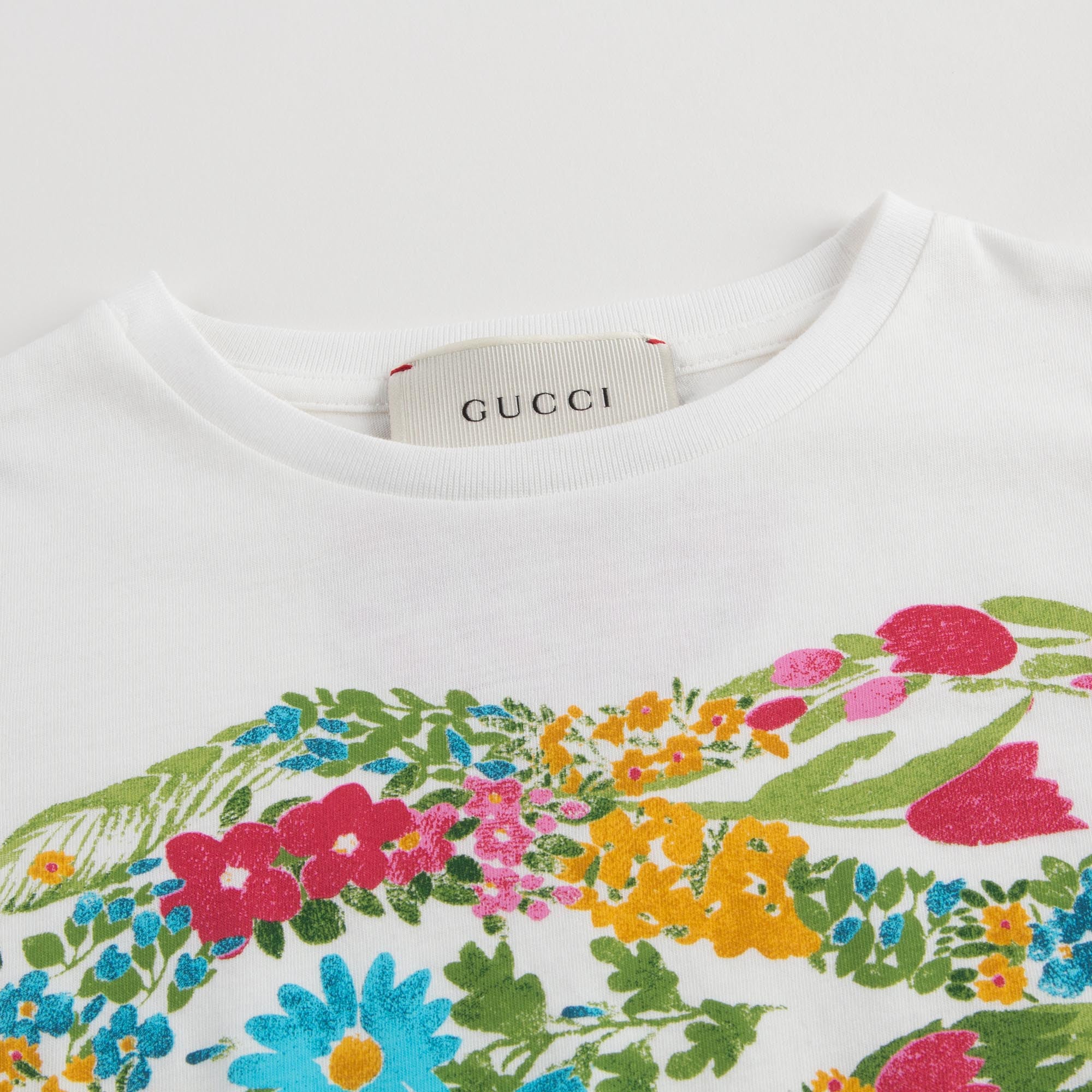 Girls White Flowers Printed T-shirt