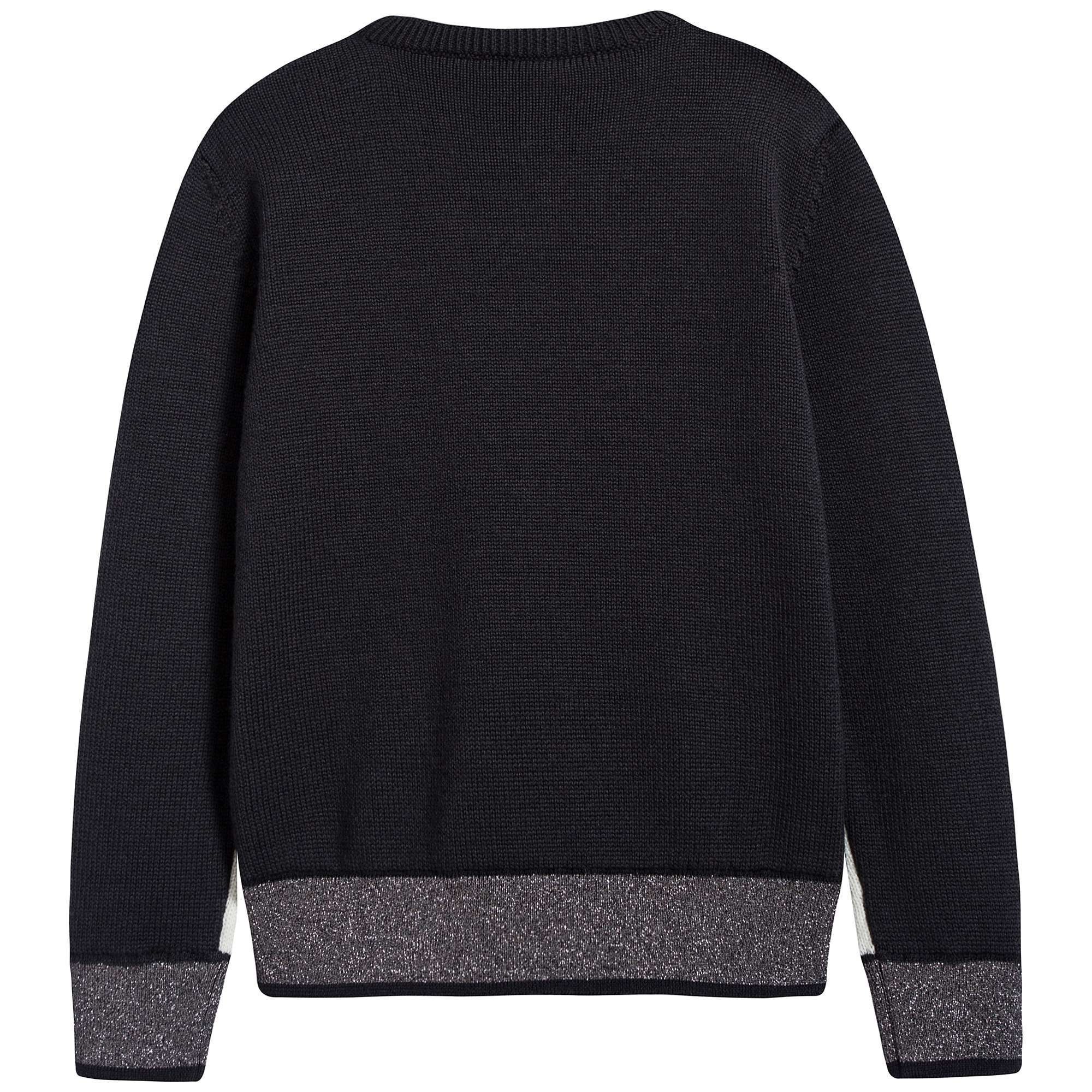 Girls White & Black Logo Wool Sweater