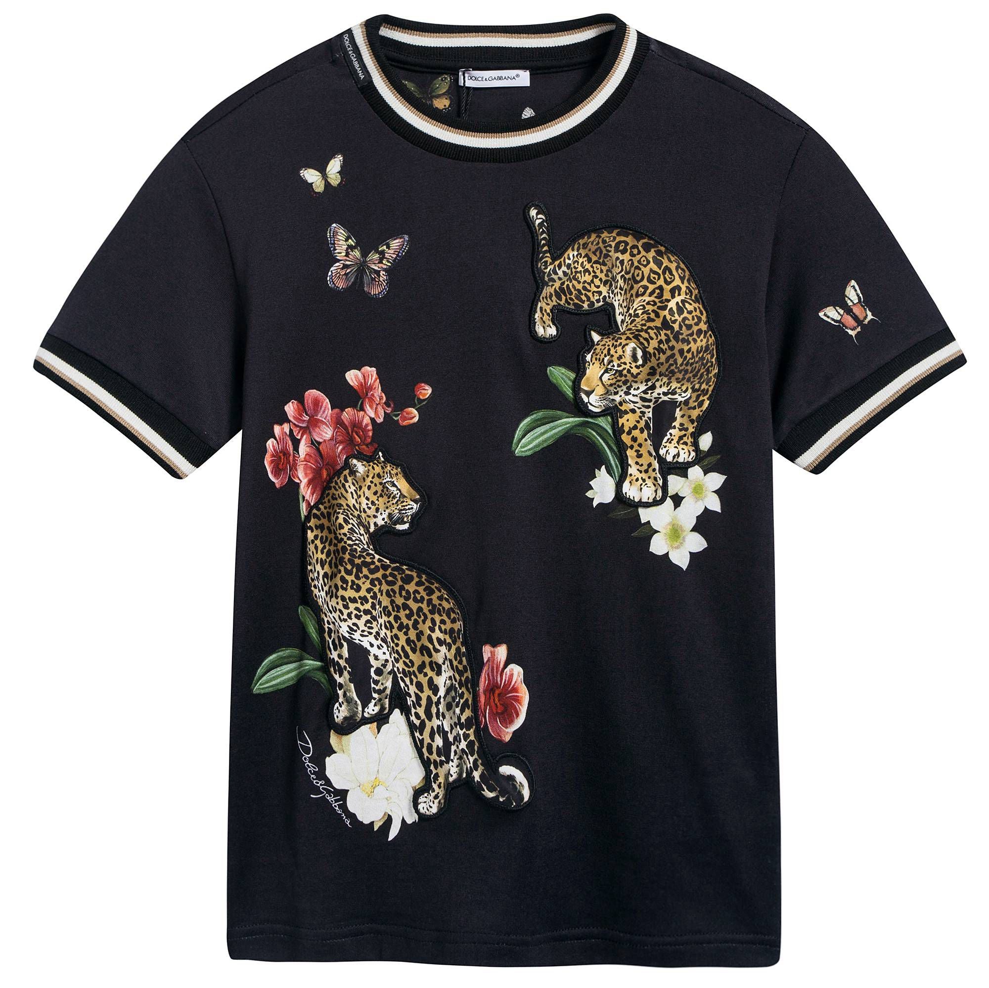 Boys Black "Leopard  Printed" Cotton T-shirt