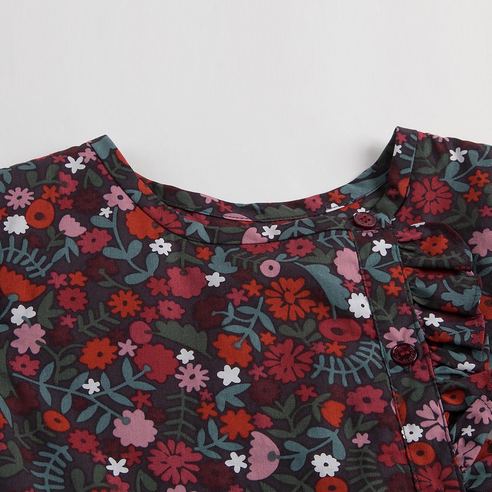 Girls Antique Red Floral Printed Trims Dress - CÉMAROSE | Children's Fashion Store - 3