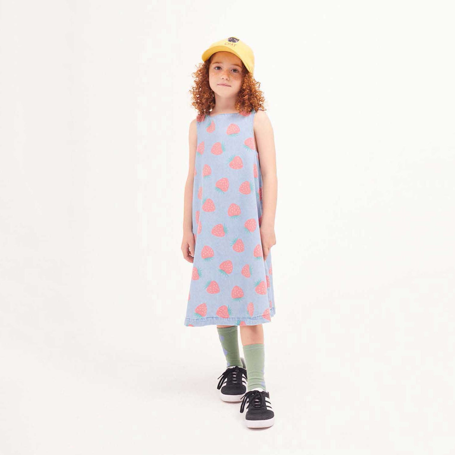 Girls Blue Printed Denim Dress