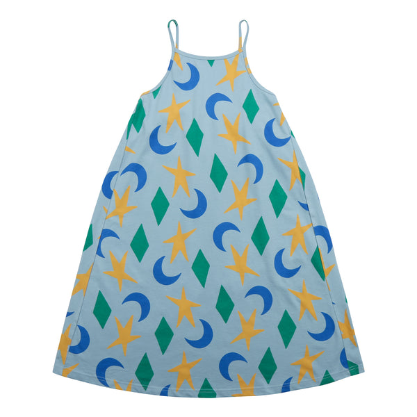 Girls Blue Printed Strap Dress