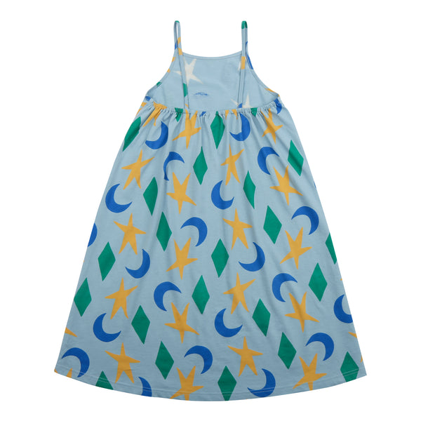 Girls Blue Printed Strap Dress