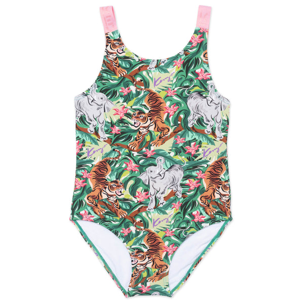 Girls Pink Green Printing Swimsuit