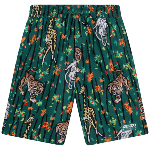 Boys Green Printed Swim Shorts
