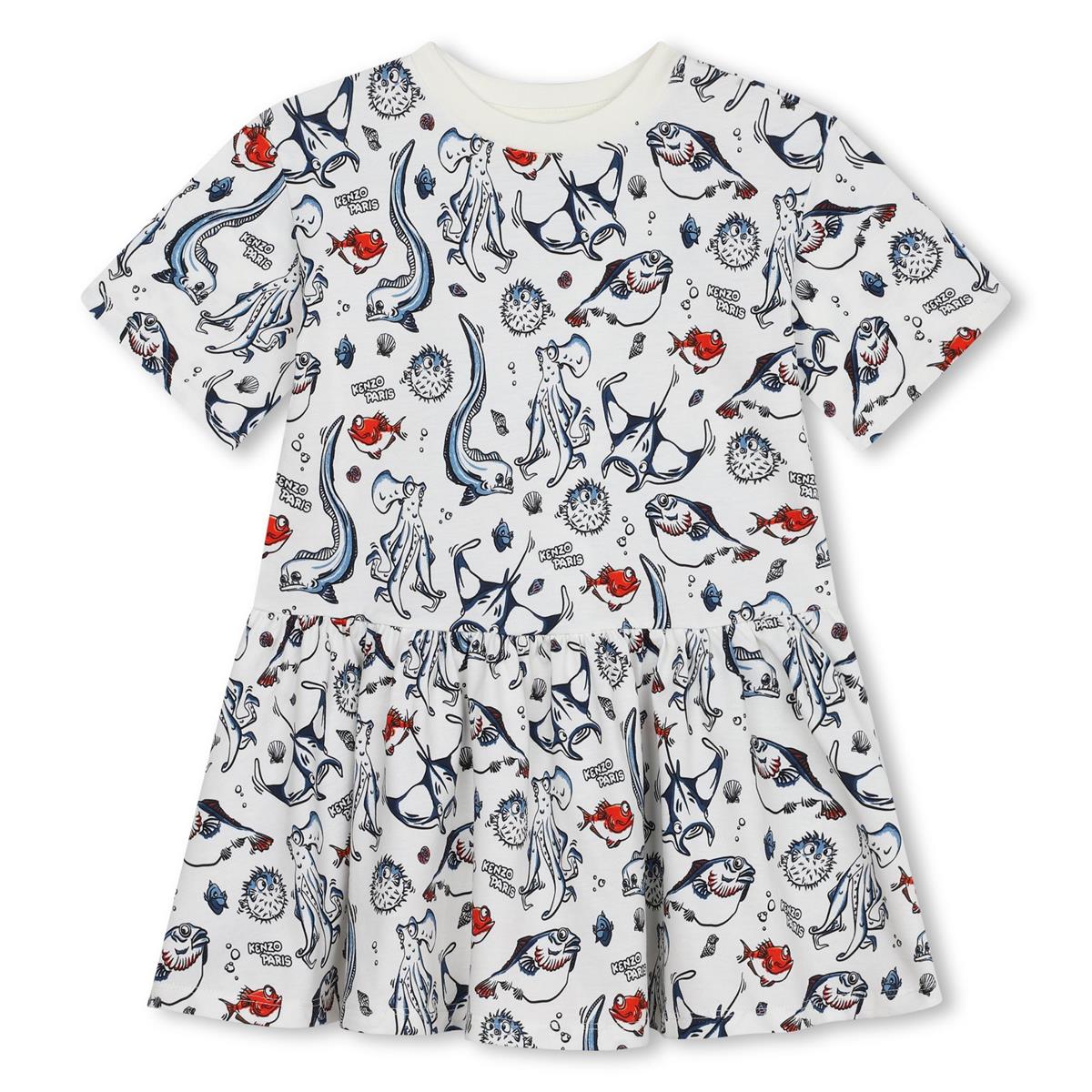 Girls White Printed Cotton Dress