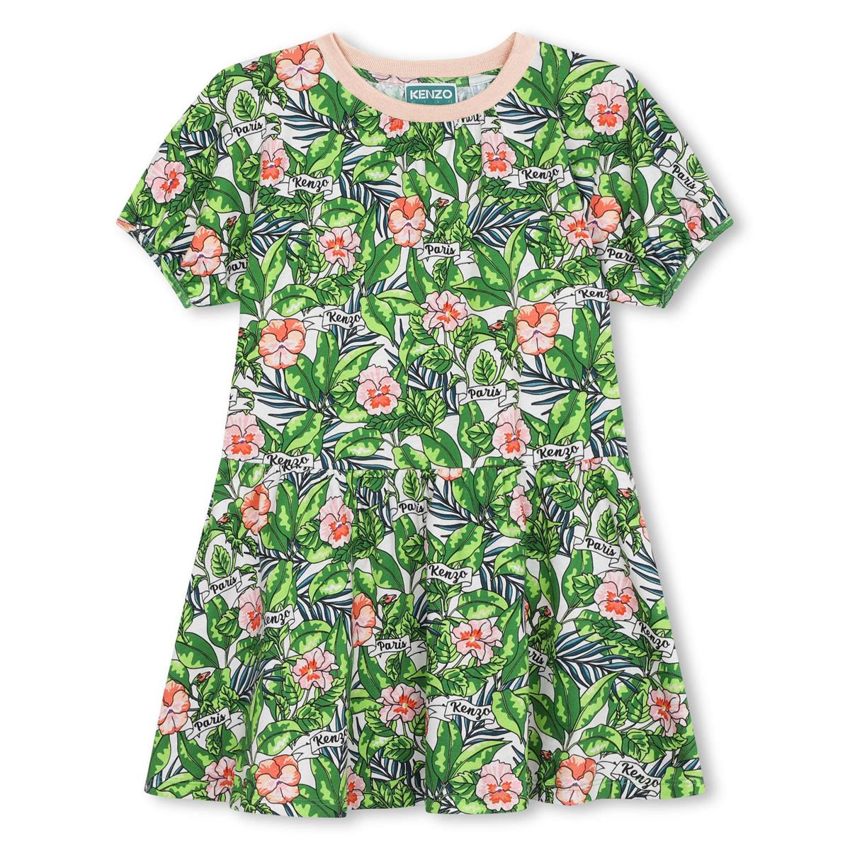 Girls Green Flowers Cotton Dress