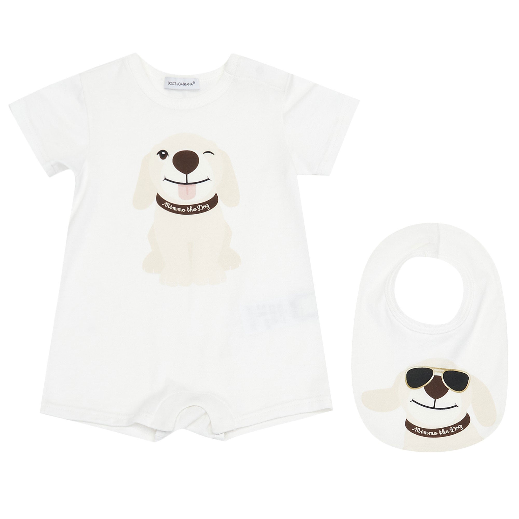Baby White Cotton Dog Printed Baby Shortie & Bib Gift Set - CÉMAROSE | Children's Fashion Store - 1