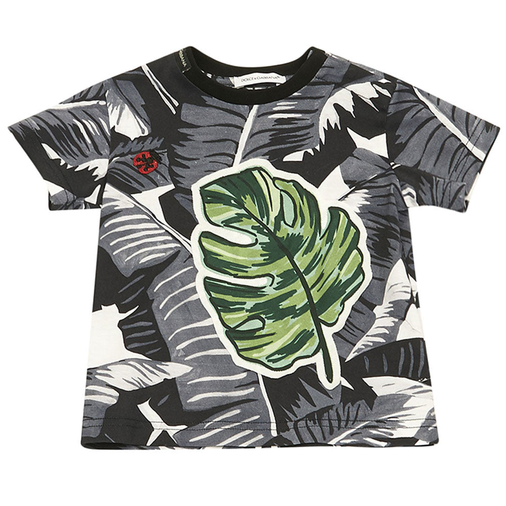 Baby Boys Black Cotton T-Shirt With Leaf Print Trims - CÉMAROSE | Children's Fashion Store - 1