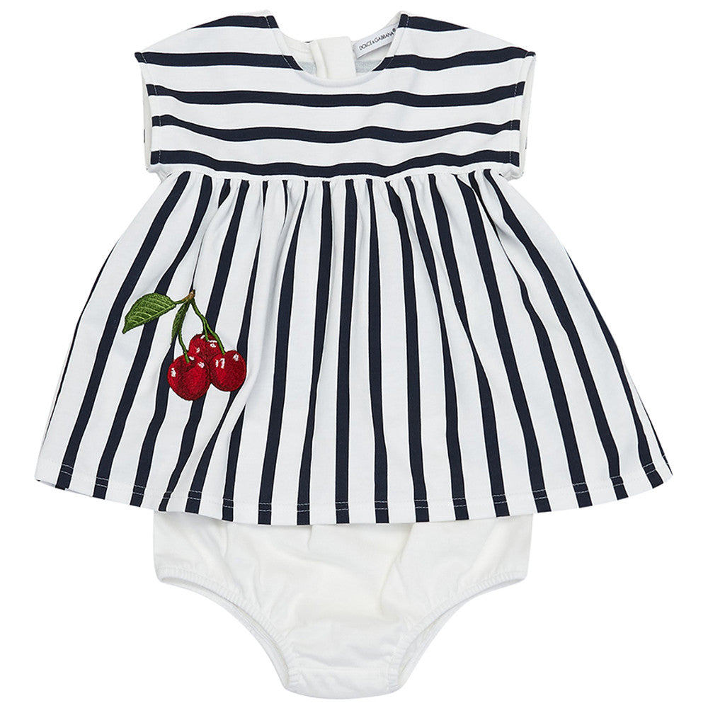 Baby Girls Blue & White striped Dresses  With Cherry - CÉMAROSE | Children's Fashion Store - 1