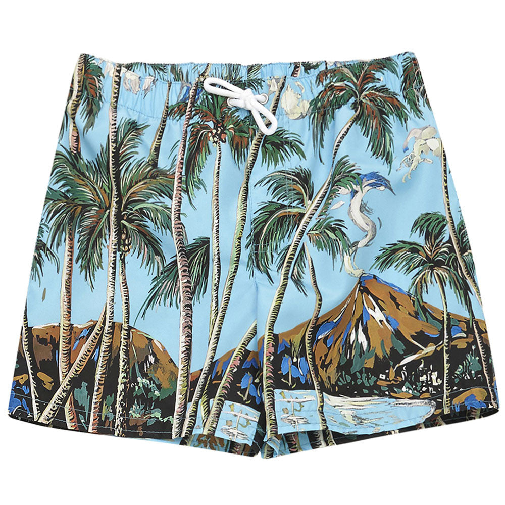 Boys Sky Blue Tree Printed Trims Cotton Beachwear Short - CÉMAROSE | Children's Fashion Store - 1
