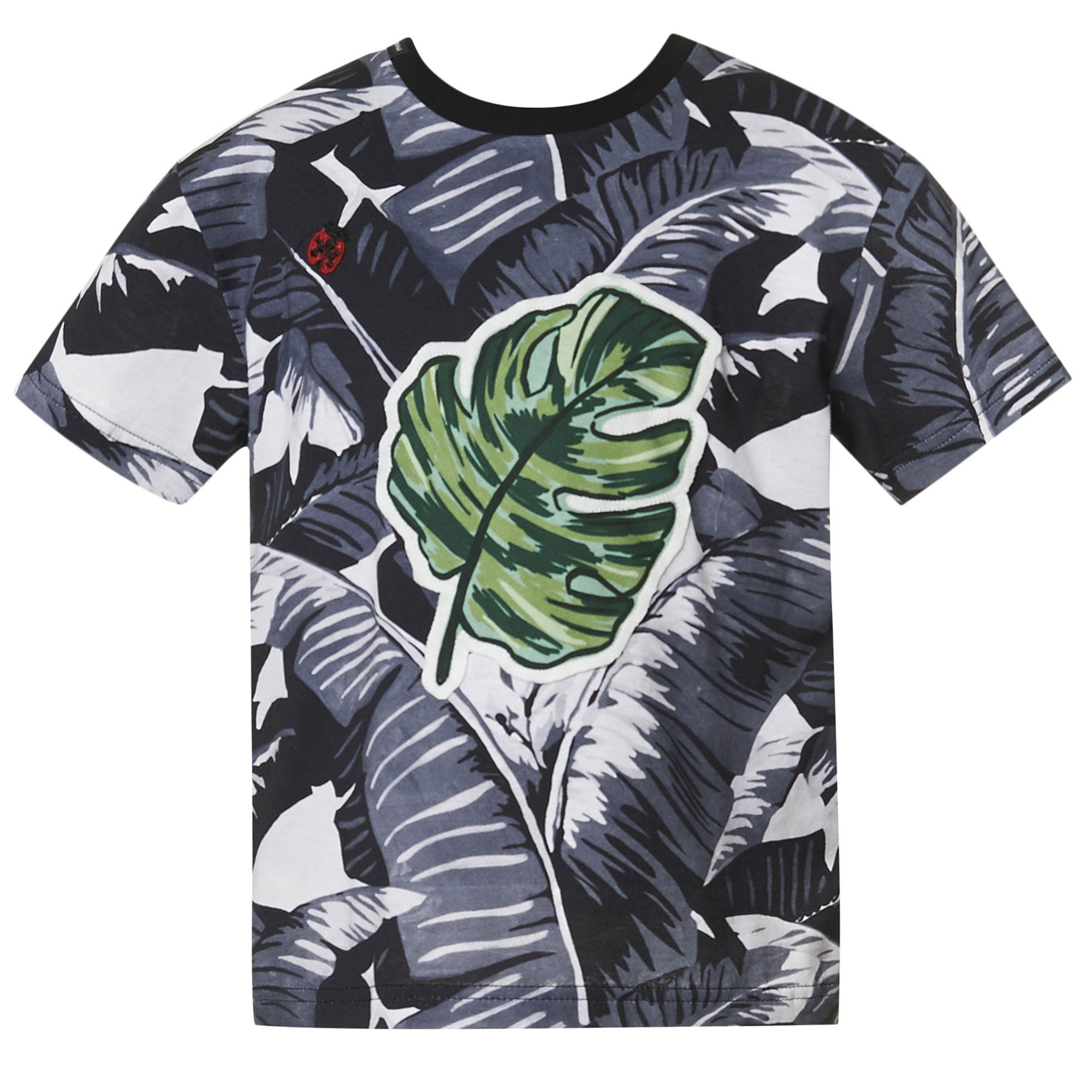 Boys Black Cotton T-Shirt With Leaf Print Trims - CÉMAROSE | Children's Fashion Store - 1