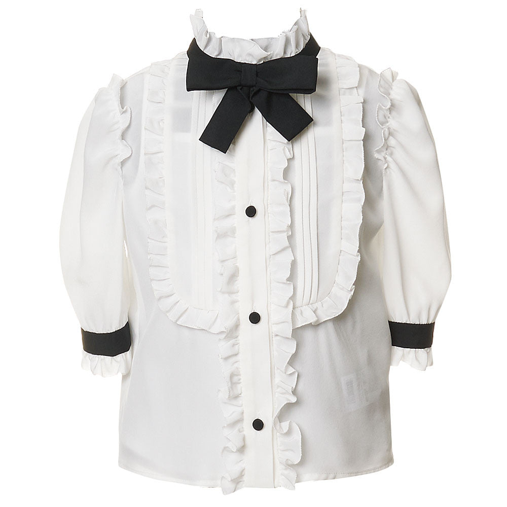 Girls White Bow Trims Folding Edge Blouse - CÉMAROSE | Children's Fashion Store - 1