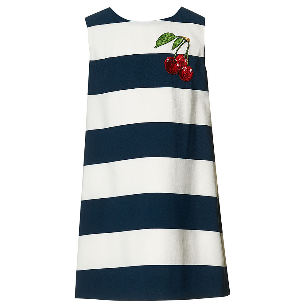 Girls Blue &White striped Dresses  With Cherry - CÉMAROSE | Children's Fashion Store - 1