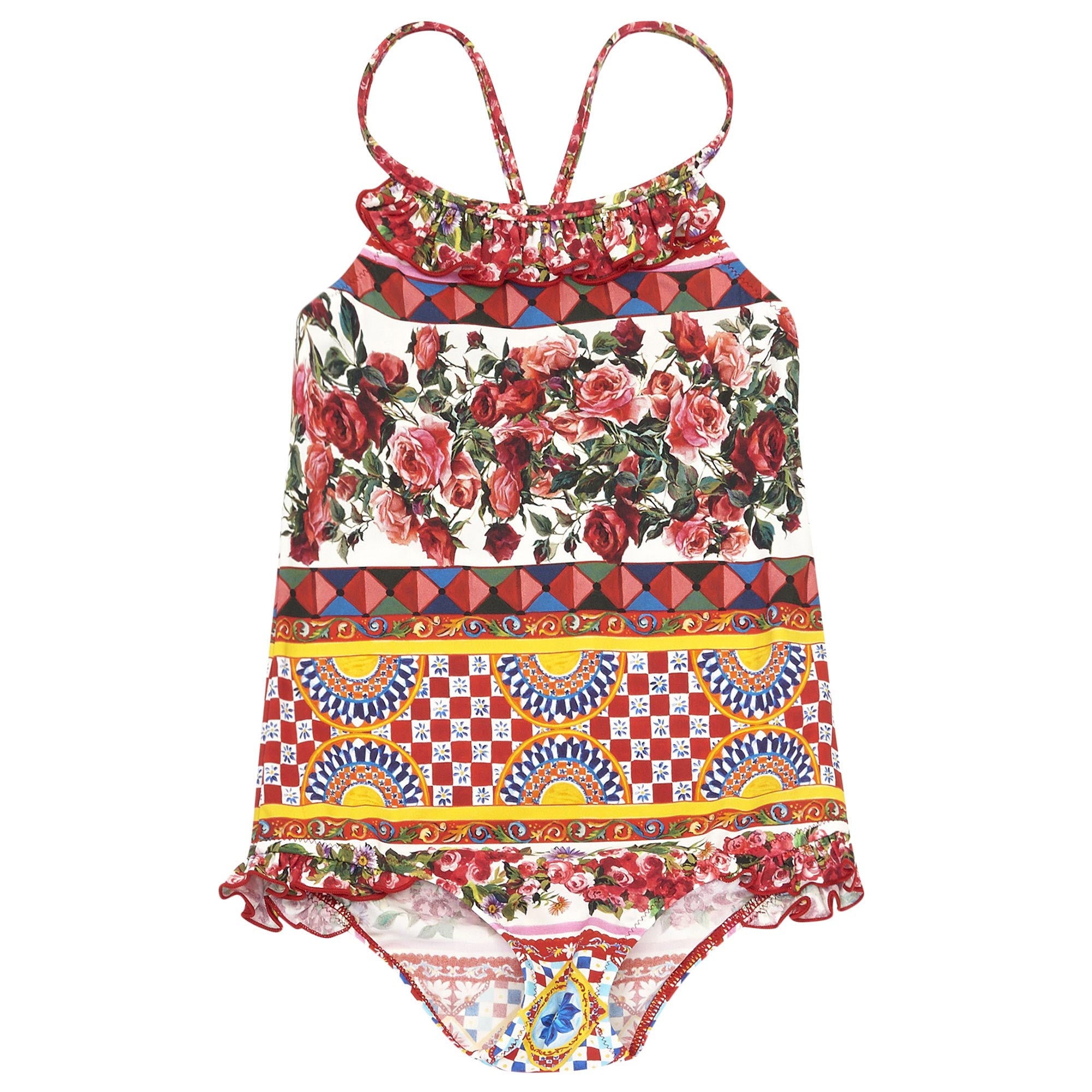 Girls Red Flower Printed Cotton Swimsuit - CÉMAROSE | Children's Fashion Store - 1