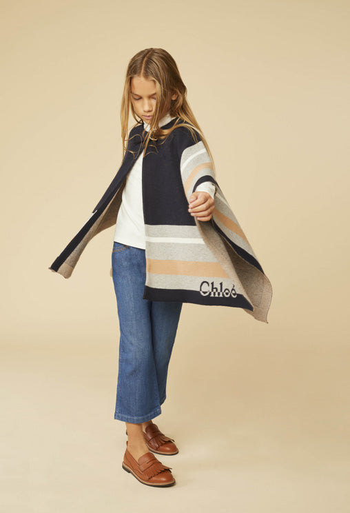Girls Blue & Grey Knitted Cape