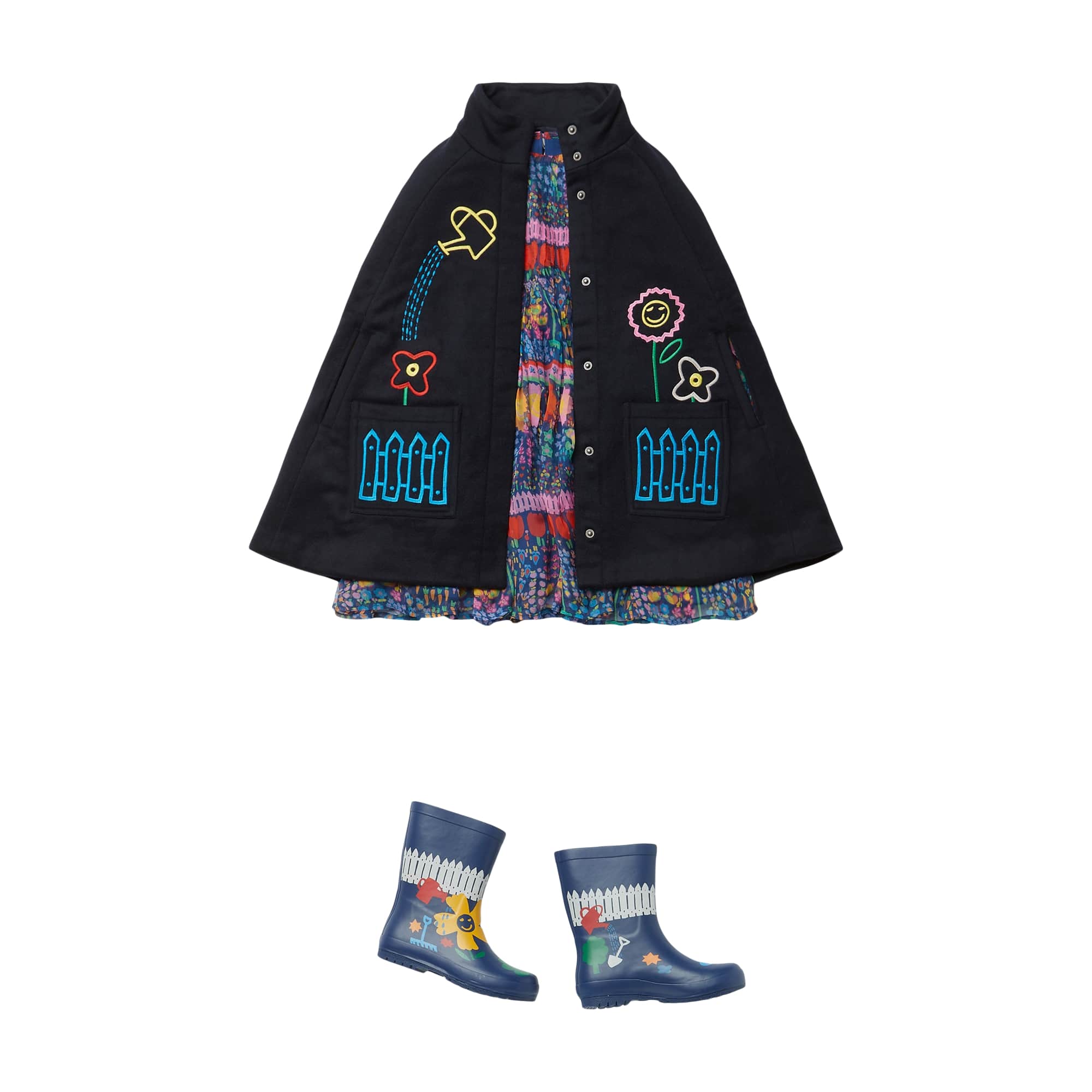 Girls Dark Navy Embroidered Wool Cape