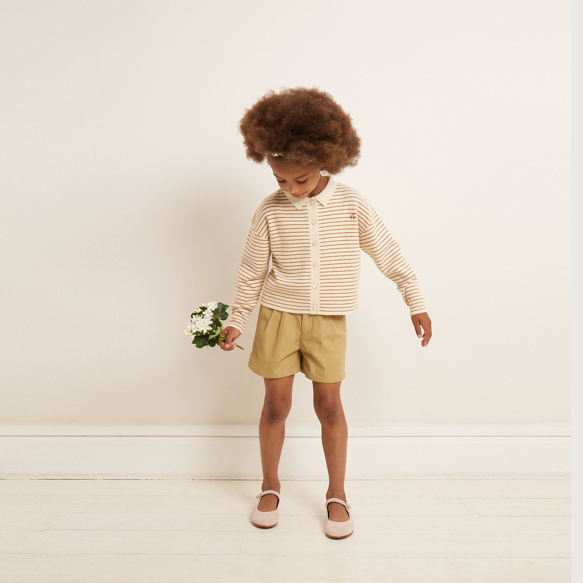 Girls Beige Stripes Wool Cardigan