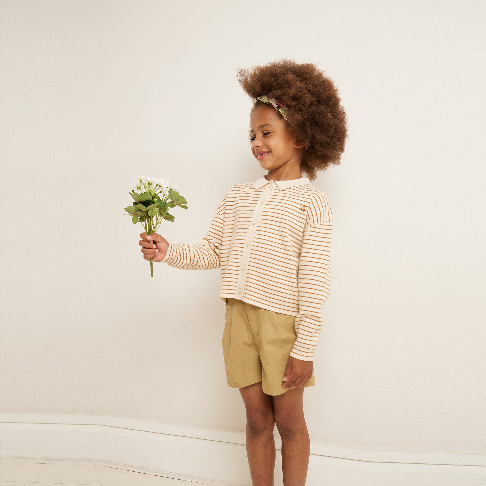 Girls Beige Stripes Wool Cardigan
